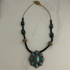 Turquoise Blue Acrylic Flower Pedant Brass Finished & Black Beaded Necklace